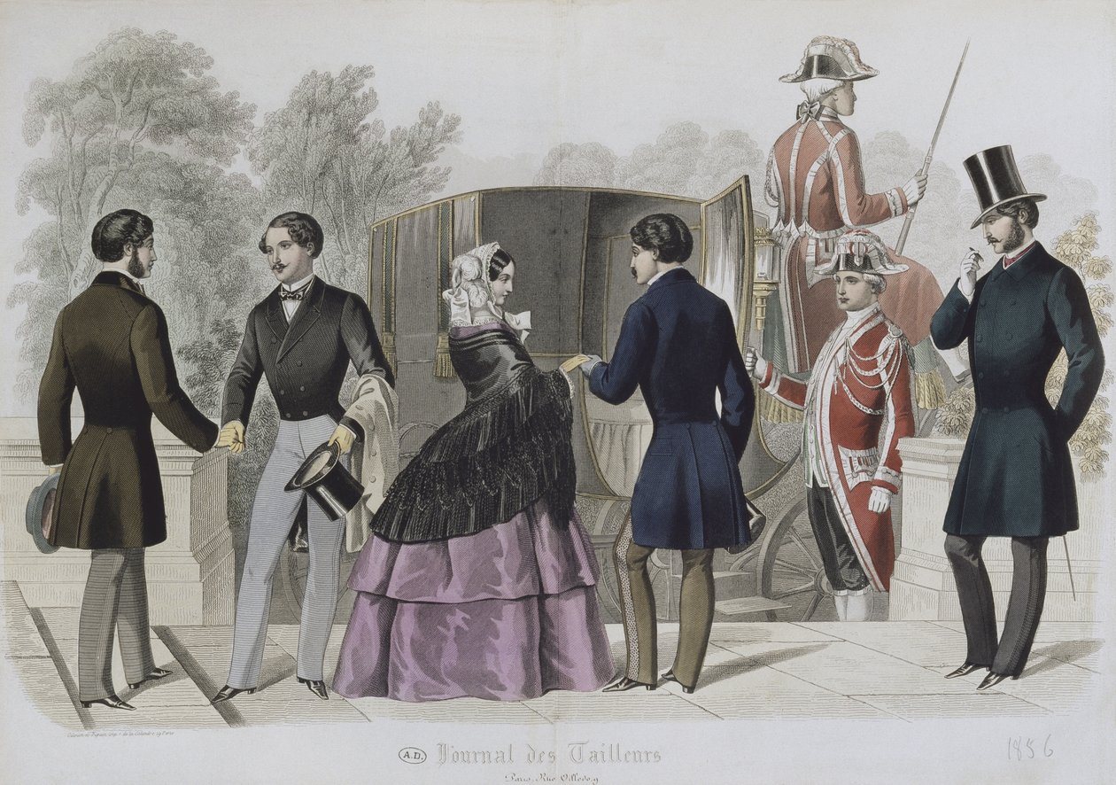 Lähdössä kyytiin taksilla, kuvitus Le Journal des Tailleursista, 1856 (värikaiverrus) tekijältä French School