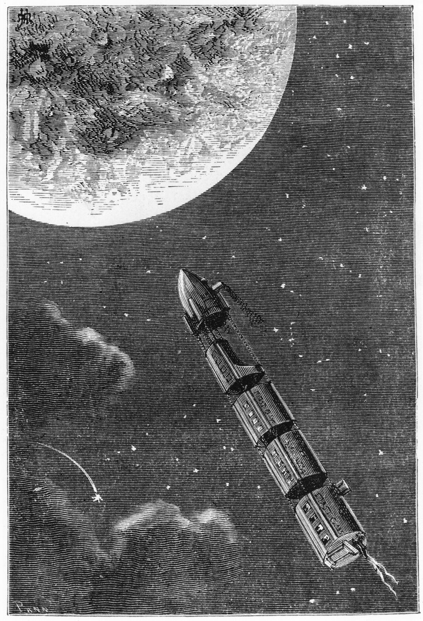 Leaving for the Moon, kuvitus Jules Vernen (1828-1905) teoksesta Maasta kuuhun Paris, Hetzel, julkaistu vuonna 1865 tekijältä French School