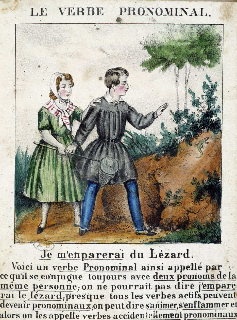 Oppitunti pronominaalisista verbeistä. ""La grammar en images" -lehtisalbumissa, noin 1850. tekijältä French School