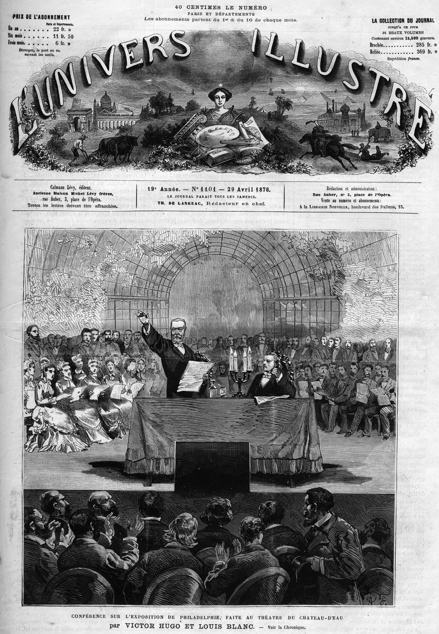 Victor Hugon (1802-1885) ja Louis Blancin (1811-1882) luento Philadelphian yleisnäyttelystä Theater du Chateau d