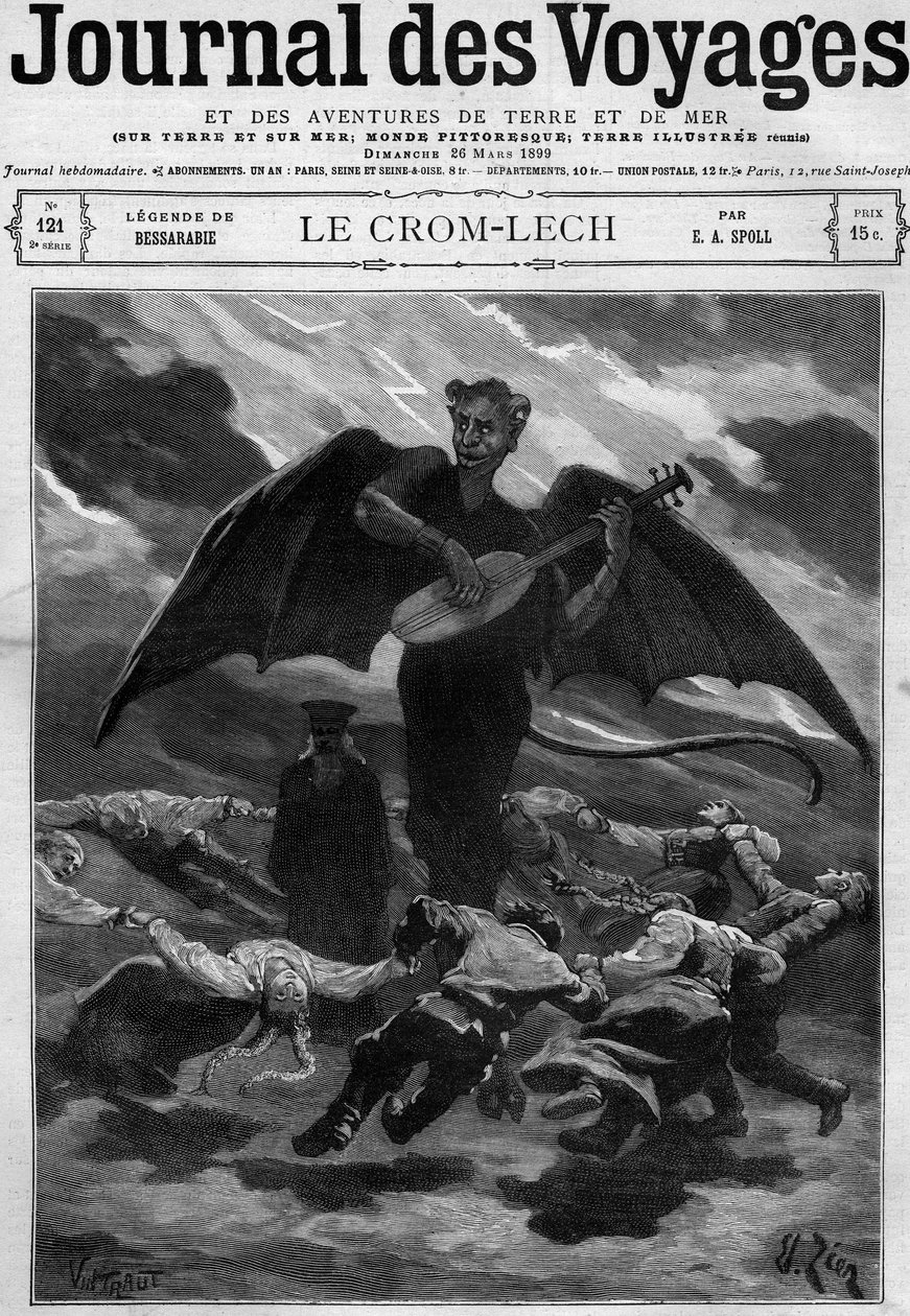 Legenda Bessarabiasta (Itä-Eurooppa): Crom Lech (Crom-Lech). Balalaikaa soittava Saatana kouluttaa tanssijat loputtomaan kierrokseen. Kaiverrus "" Journal des Voyages" -julkaisussa 26. maaliskuuta 1899. tekijältä French School