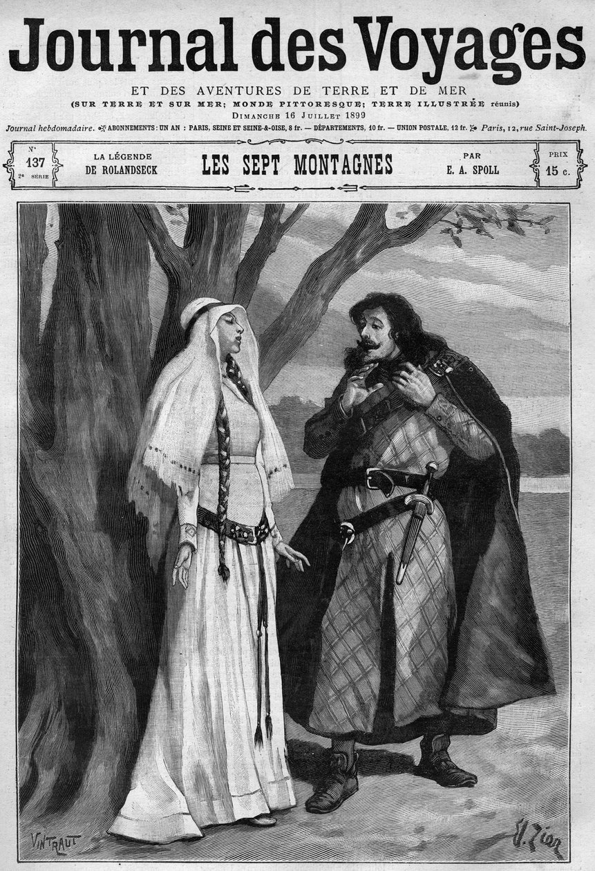 Rolandseckin legenda: Hildegonde saa tietää Rolandin, sulhasen, kuolemasta ja vaikenee kivusta. Saksalainen sovitus kappaleesta "" Song of Roland"". Kaiverrus "" Journal des Voyages" -lehdessä 16. heinäkuuta tekijältä French School