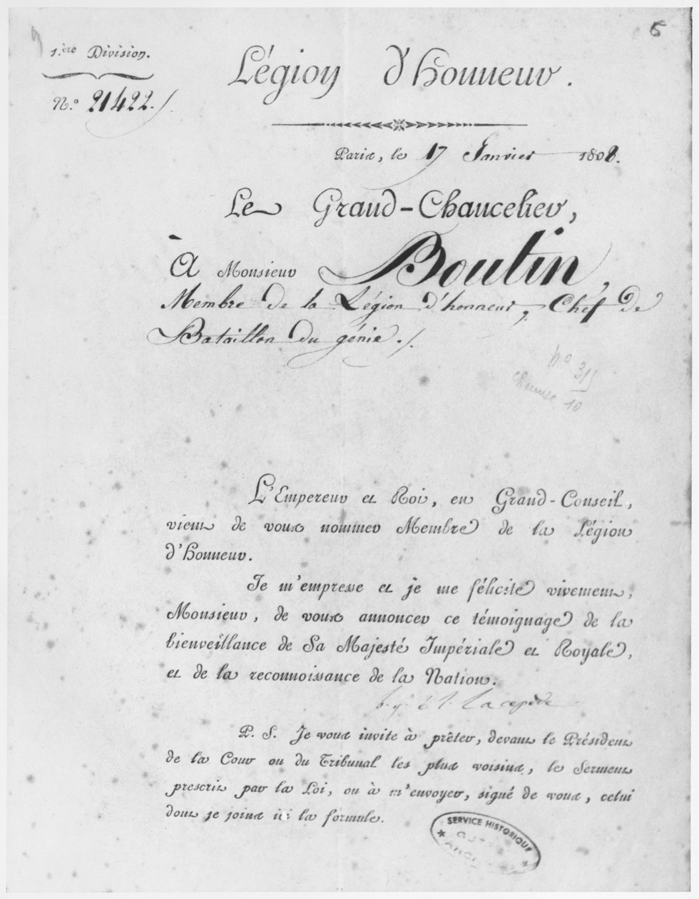 Legion of Honor myönnettiin eversti du Genie Boutinille 17. tammikuuta 1808 tekijältä French School