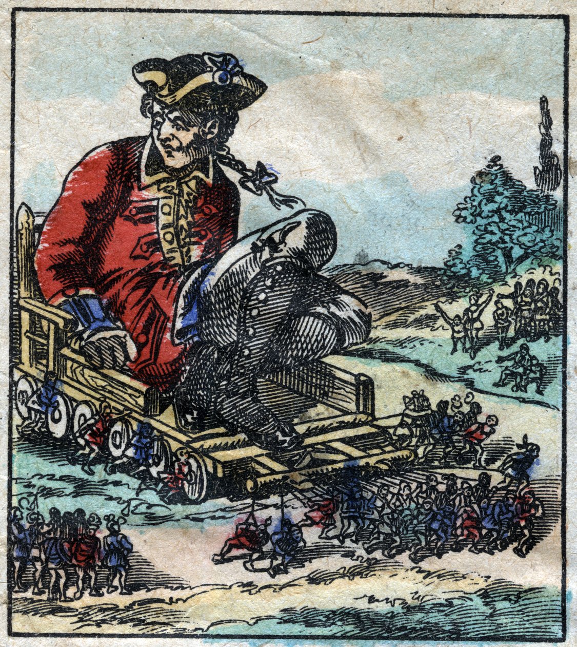 Lemuel Gulliveria, vankia, kuljetetaan liliputien vetämillä kärryillä. Kuvitus Jonathan Swiftin (1667-1745) elokuvaan "" Gulliver