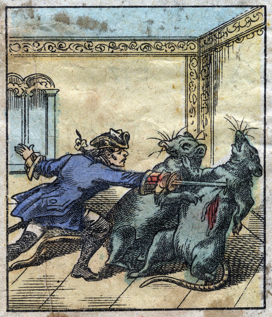 Lemuel Gulliver taistelee rottia vastaan Brobdingnagin jättiläisten maassa. Kuvitus Jonathan Swiftin (1667-1745) elokuvaan "" Gulliver