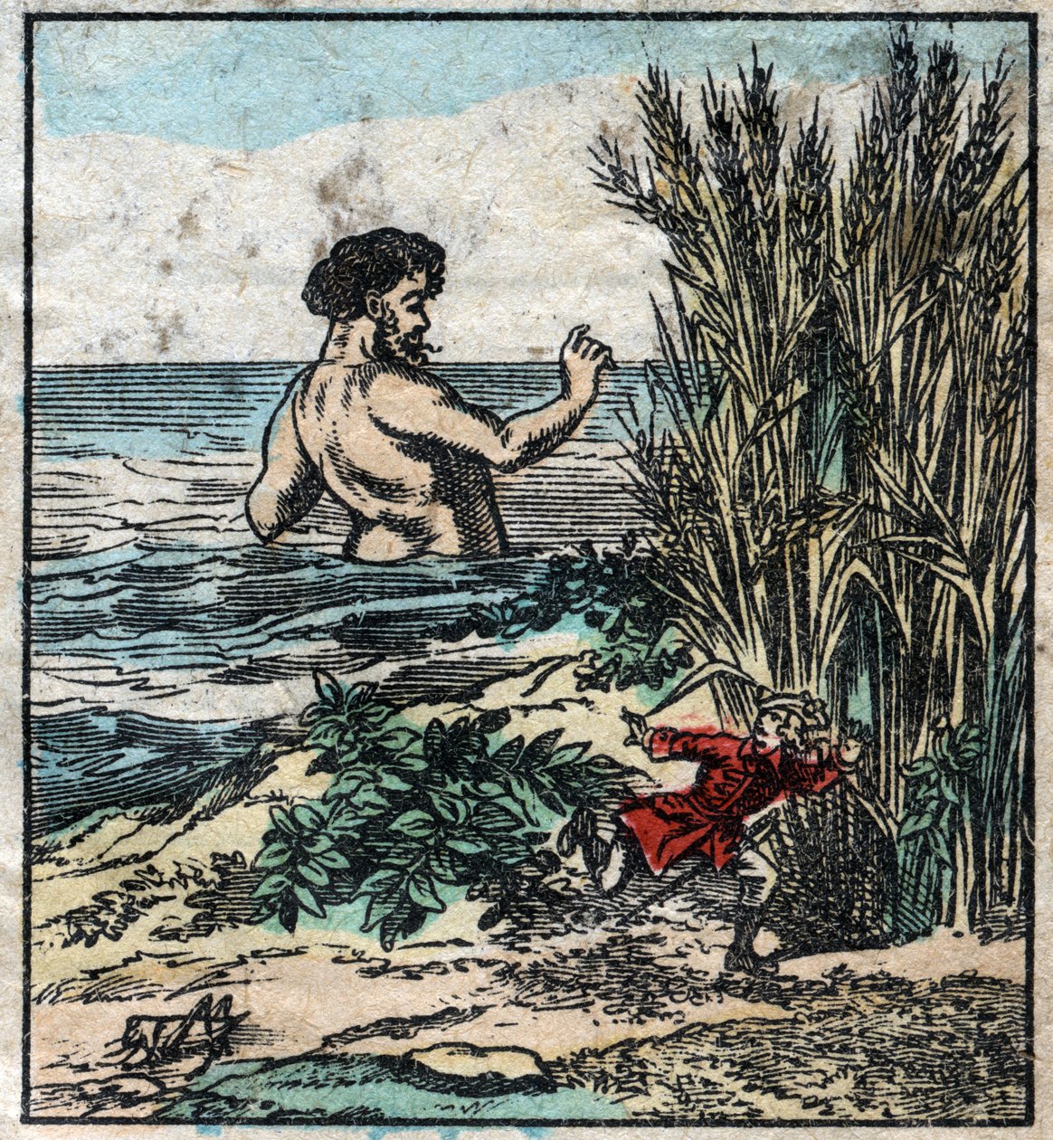 Lemuel Gulliver piiloutuu jättiläiseltä Brobdingnagissa. Kuvitus Jonathan Swiftin (1667-1745) elokuvaan "" Gulliver