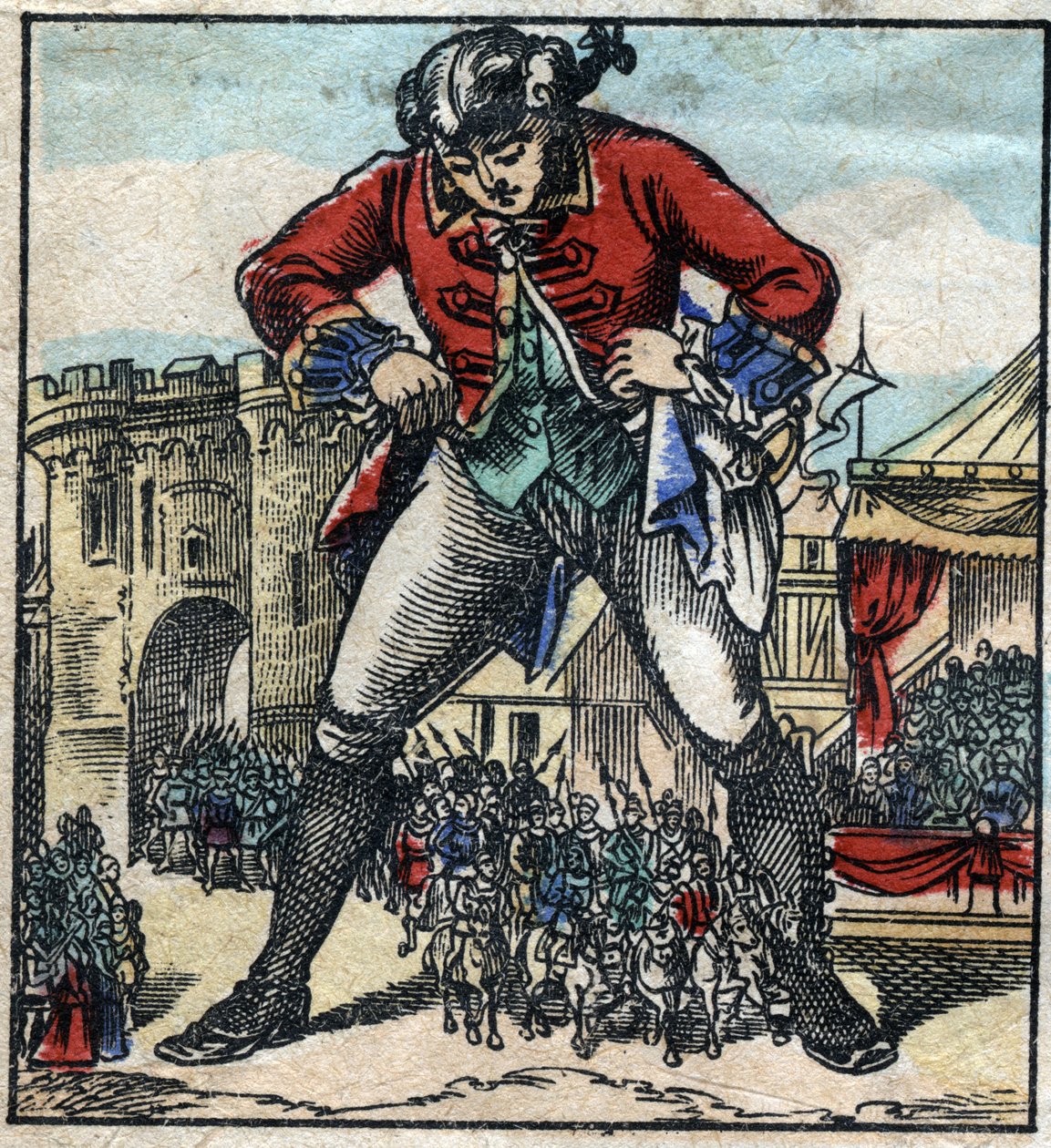 Lemuel Gulliver liliputien maassa. Kuvitus Jonathan Swiftin (1667-1745) elokuvaan "" Gulliver