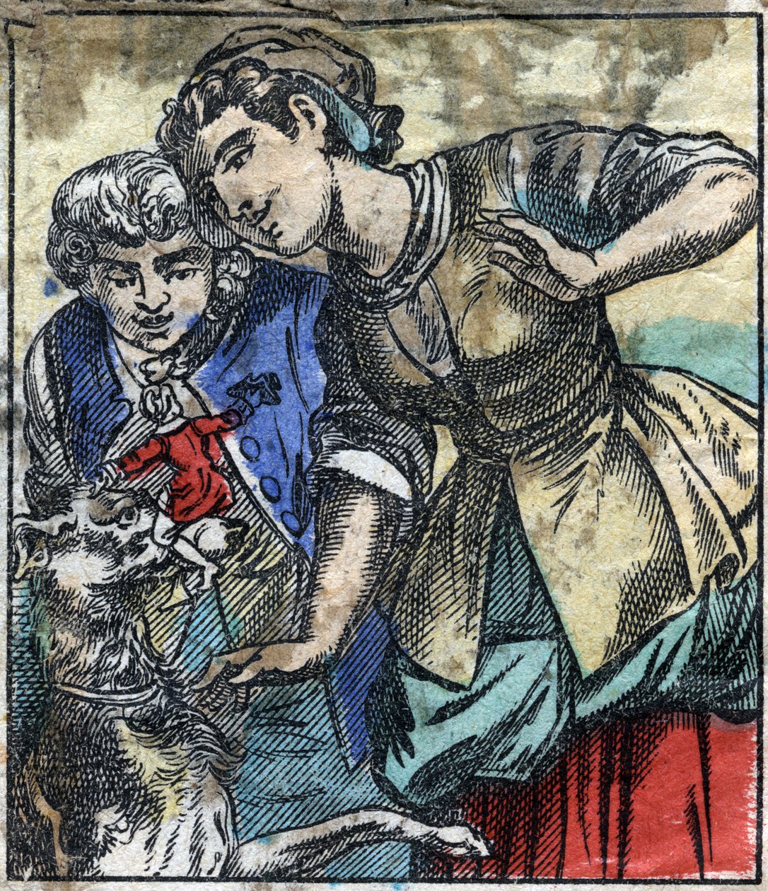Lemuel Gulliver Brobdingnagin jättiläisten maassa. Kuvitus Jonathan Swiftin (1667-1745) elokuvaan "" Gulliver