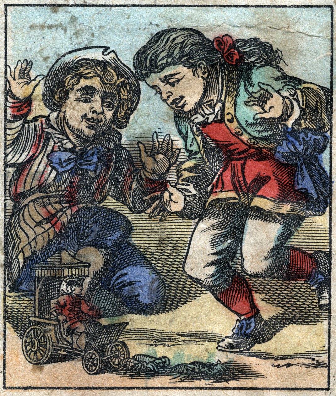 Brobdingnagin jättiläislapset käyttävät Lemuel Gulliveria leluna. Kuvitus Jonathan Swiftin (1667-1745) elokuvaan "" Gulliver