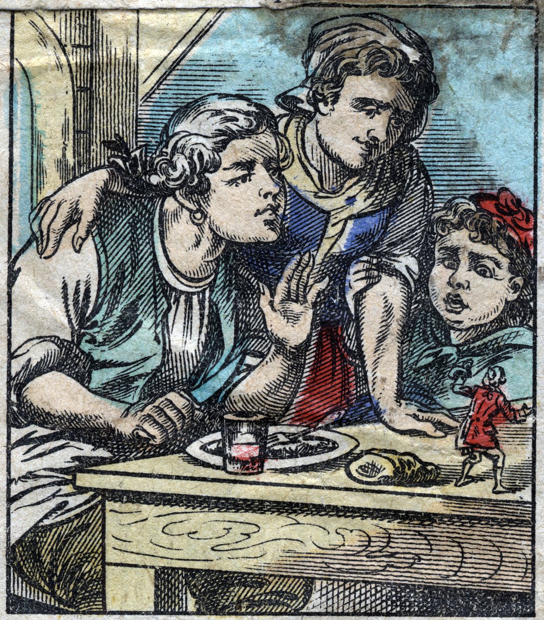 Lemuel Gulliver Glumdalclitchin perheen pöydällä Brobdingnagin jättiläisten maassa. Kuvitus Jonathan Swiftin (1667-1745) elokuvaan "" Gulliver