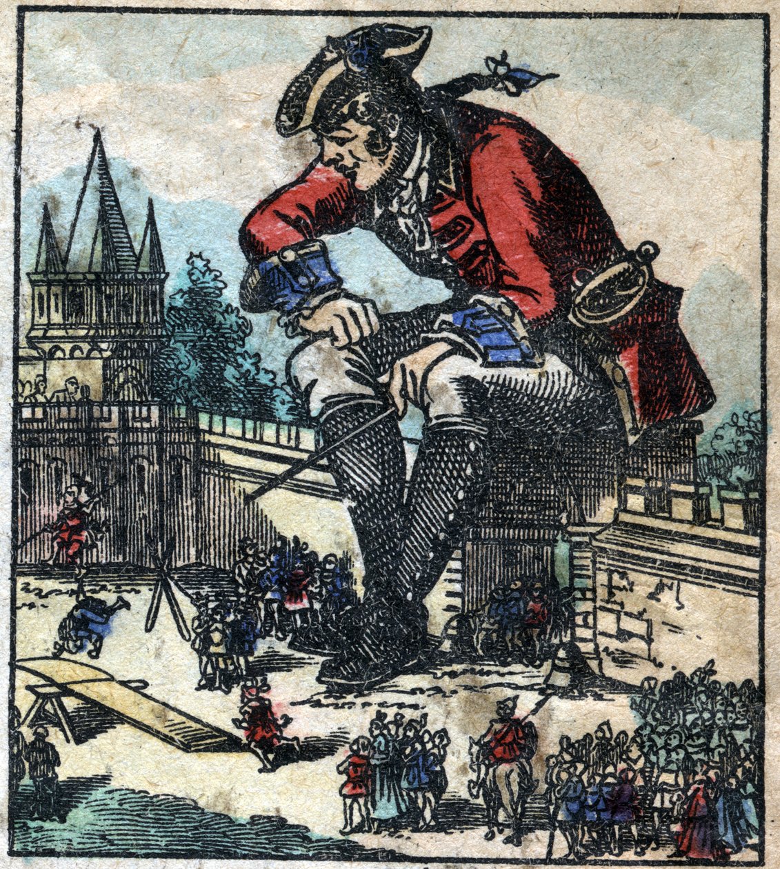 Lemuel Gulliver istuu kaupungin linnoituksen muurilla ja selittää strategiaa liliputialaiselle armeijalle. Kuvitus Jonathan Swiftin (1667-1745) elokuvaan "" Gulliver