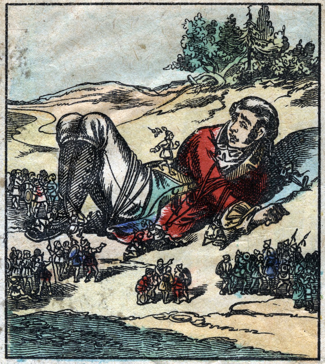 Lemuel Gulliver heräsi haaksirikkonsa jälkeen ja joutui liliputilaisten vangiksi. Kuvitus Jonathan Swiftin (1667-1745) elokuvaan "" Gulliver
