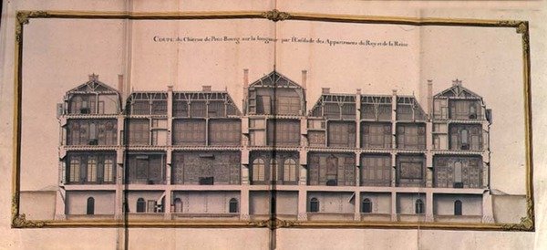 Chateau de Petit-Bourgin pituussuuntainen osa, jossa näkyy kuninkaan ja kuningattaren huonesviitti tekijältä French School