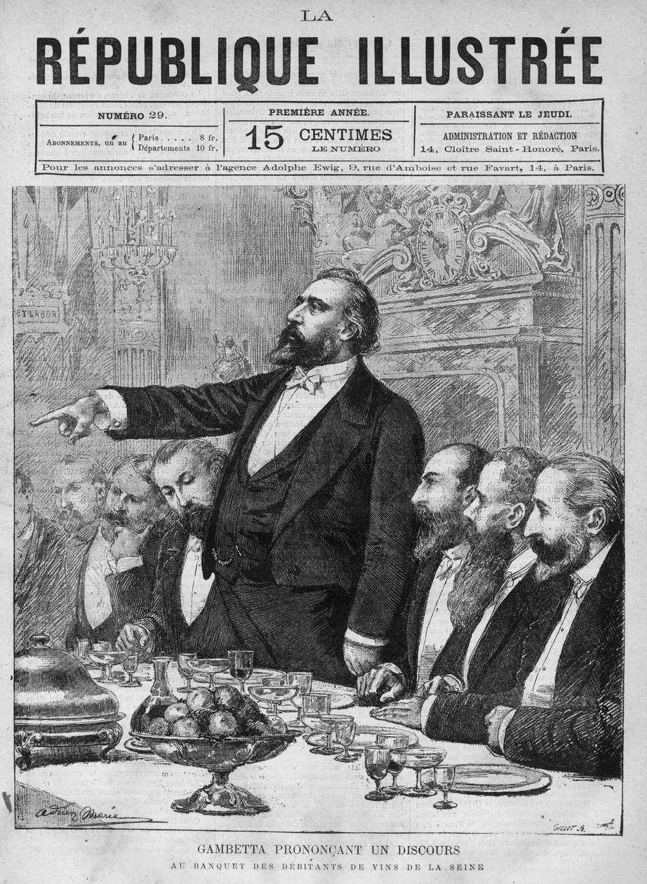 Leon Gambetta (1838-1882) pitämässä puhetta Seinen viininpoistajien juhlatilaisuudessa. Sanomalehti. Kaiverrus vuodelta 1880 yksityisessä "La republique illustree" -kokoelmassa. tekijältä French School