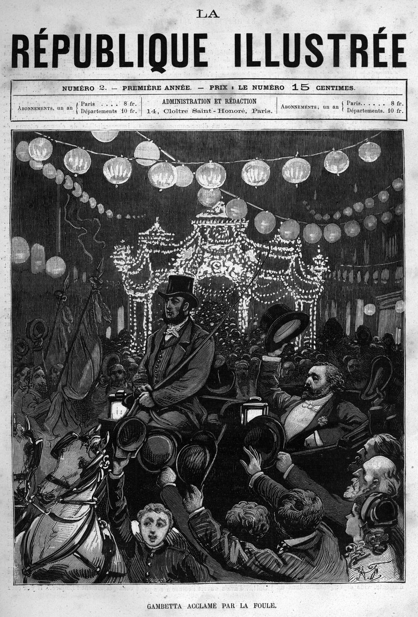 Leon Gambetta (1838-1882) tervehtii patsaan Place de la Republique -aukiolla Pariisissa. Sanomalehti. Kaiverrus vuodelta 1880 "La republique illustree" -yksityiskokoelmassa. tekijältä French School