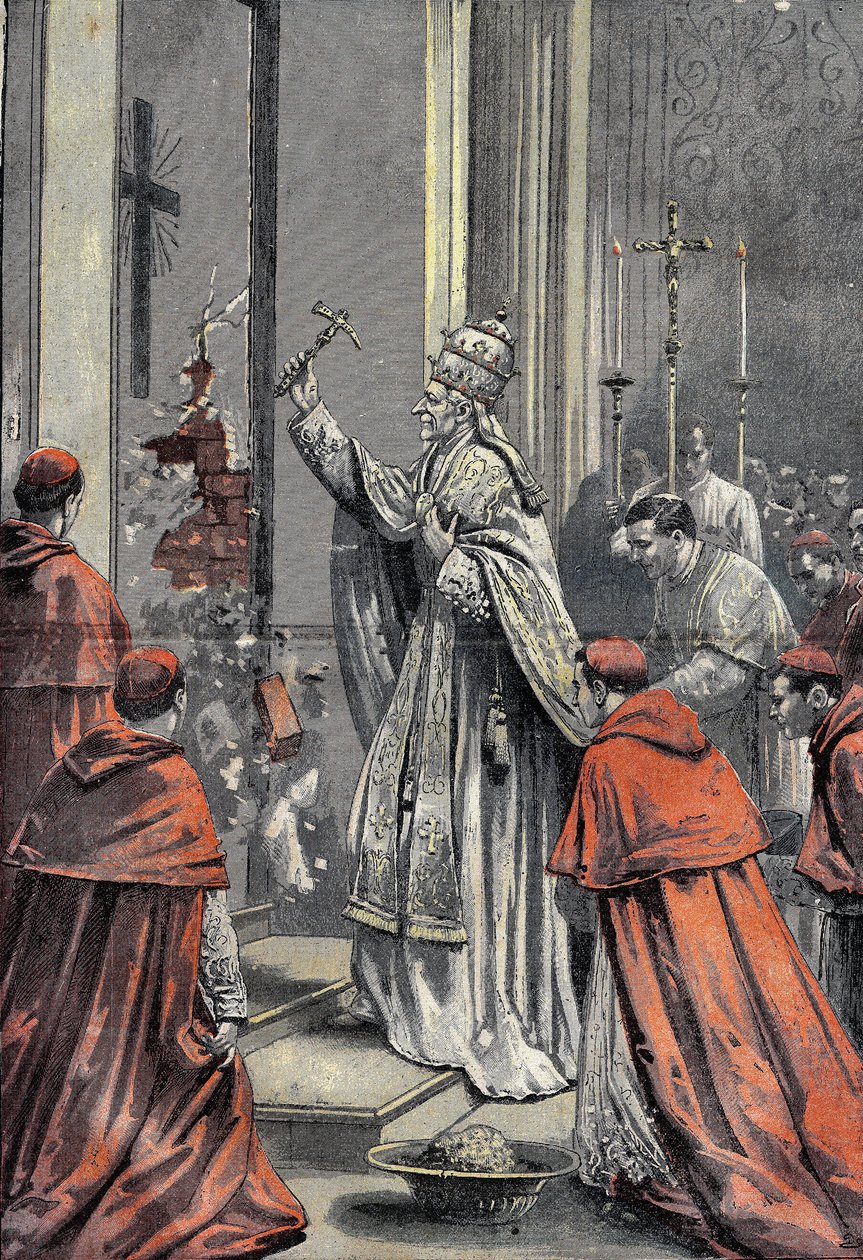 Leon XIII, ne Vincenzo Gioacchino Raffaele Luigi Pecci (1810-1903), katolisen kirkon 256. paavi, kultaisen vasaran ase, avaa juhlavuoden oven Vatikaanin Pyhässä Pietarissa (Pyhä Pietari) 24. joulukuuta 1899. Kaiverrus "" Le Pelerinissä 31.12.1899. tekijältä French School