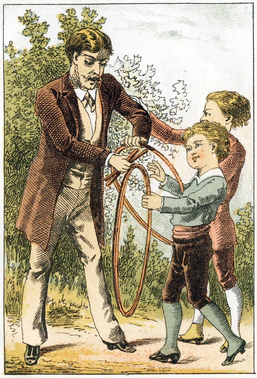 Leon ja Lucien oppivat lukemaan hyvin ja heistä tuli pieniä tiedemiehiä – heidän vanhempansa palkitsevat heille kauniit vanteet – kirjassa ”Alphabet des petits savants”, 1800-luvun lopulla (kromolitografia) tekijältä French School