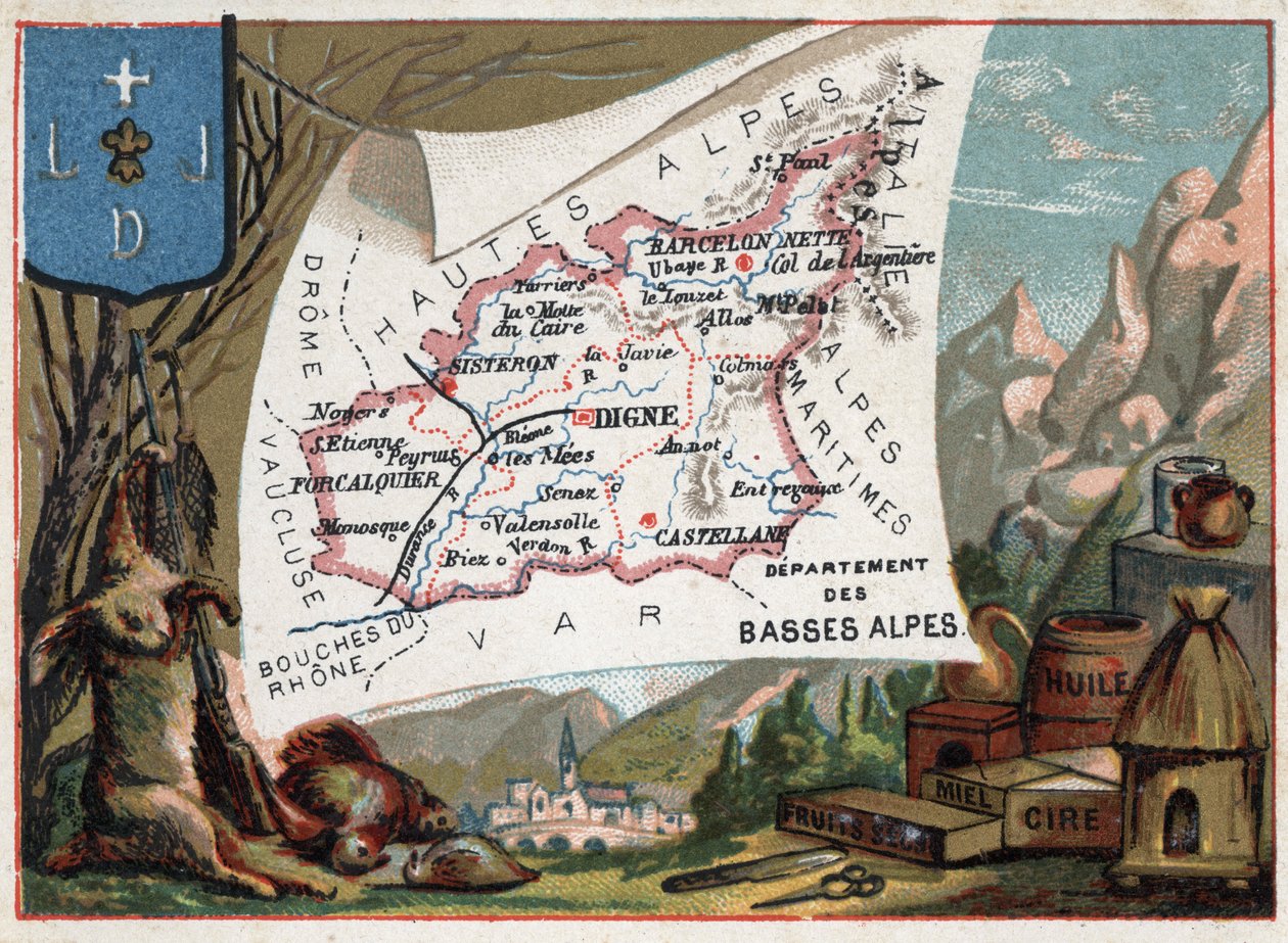 Les Basse Alpes (Basse-Alpes), nykyään Alpes-de-Haute-Provencen departementti (Alpes de Haute-Provence 04), Ranska. Paikallinen erikoisuus: metsästys, vaha, hunaja, kuivatut hedelmät ja öljy. Sarja Ranskan departementeista. Kromolitografia (Chromo) "" maan tekijältä French School