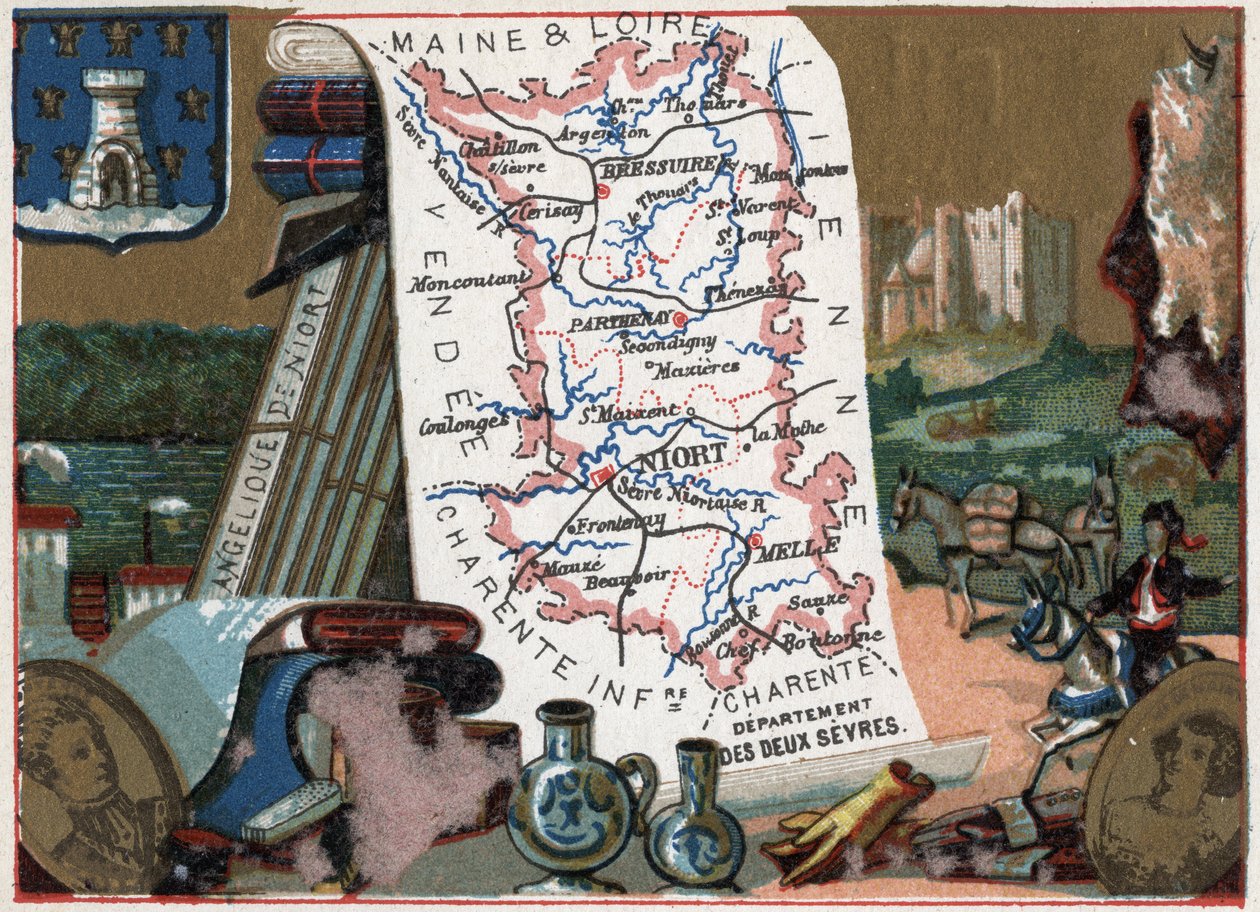 Les Deux Sevres (Deux-Sevres, 79), Poitou Charente (Poitou-Charente), Ranska. Niortin enkeli. Sarja Ranskan departementeista. Kromolitografia (Chromo) "" maantieteellinen lanka"", noin 1920. Yksityinen kokoelma. tekijältä French School