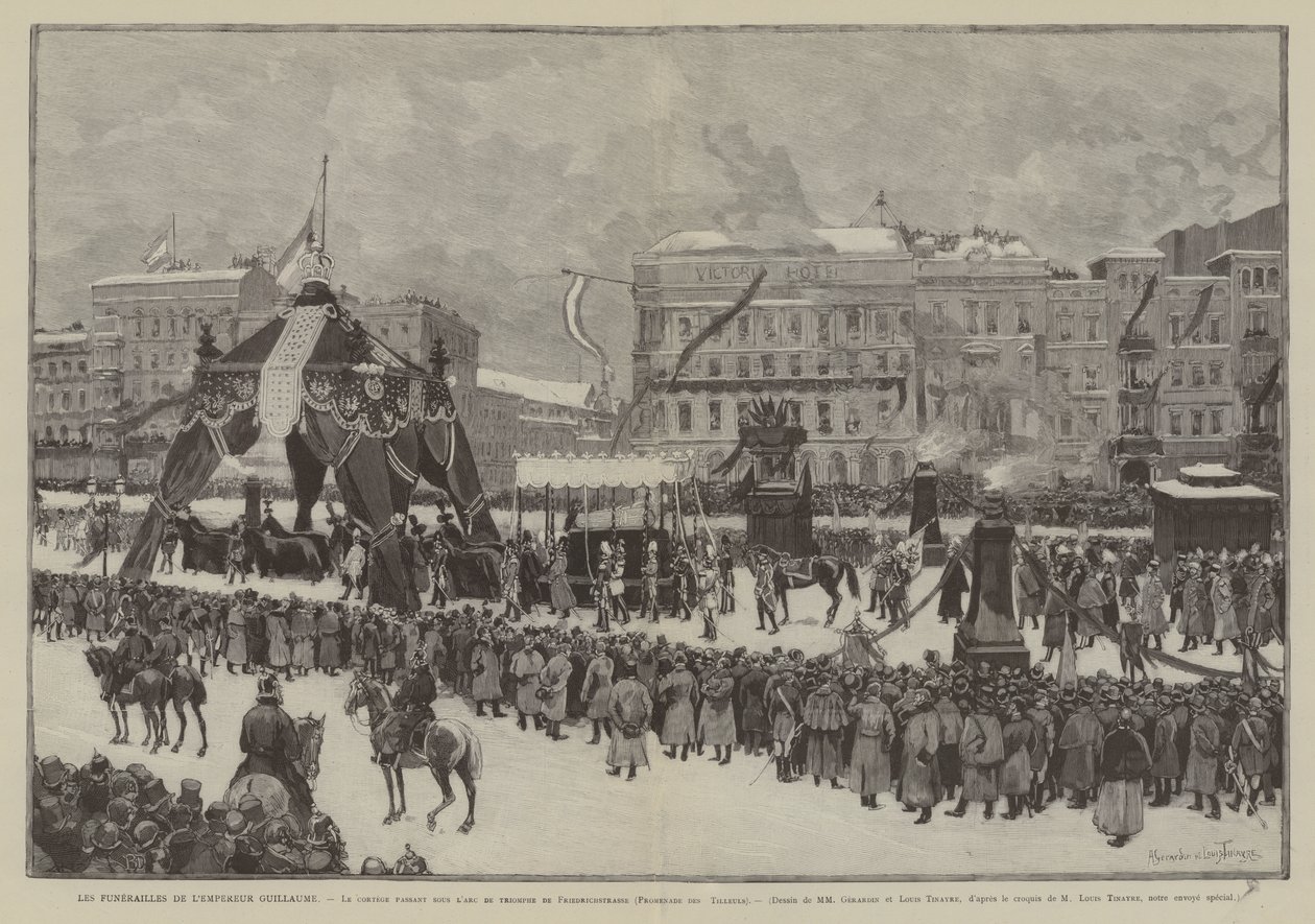 Keisari Vilhelmin hautajaiset, Saattue kulkee riemukaaren alta Friedrichstrassella, Promenade des Tilleuls (kaiverrus) (kaiverrus) tekijältä French School