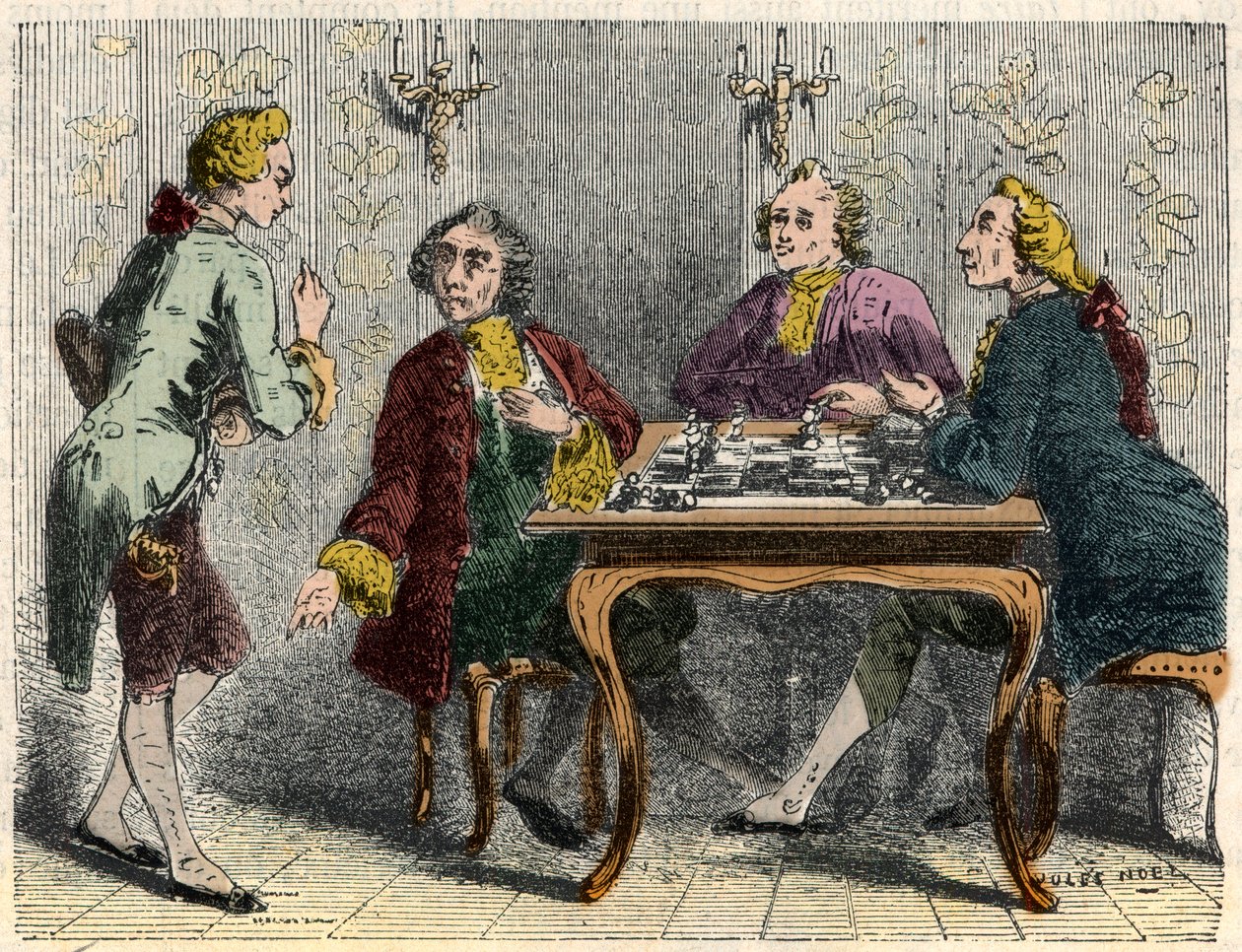 Pariisilaisen Procope-kahvilan shakinpelaajat 1700-luvulla - Edmond Texierin kaiverrus Tableau-de-Paris