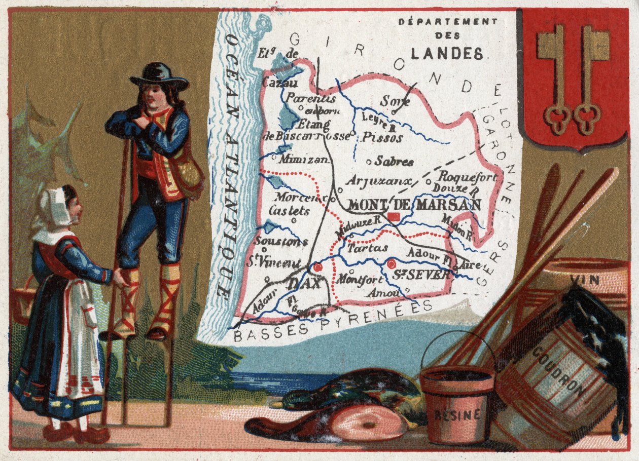 Les Landes (40), Aquitaine, Ranska. Sarja Ranskan departementeista. Paikallinen erikoisuus: terva ja viinihartsi. Landes paimen. Kromolitografia (Chromo) "" maantieteellinen lanka"", noin 1920. Yksityinen kokoelma. tekijältä French School