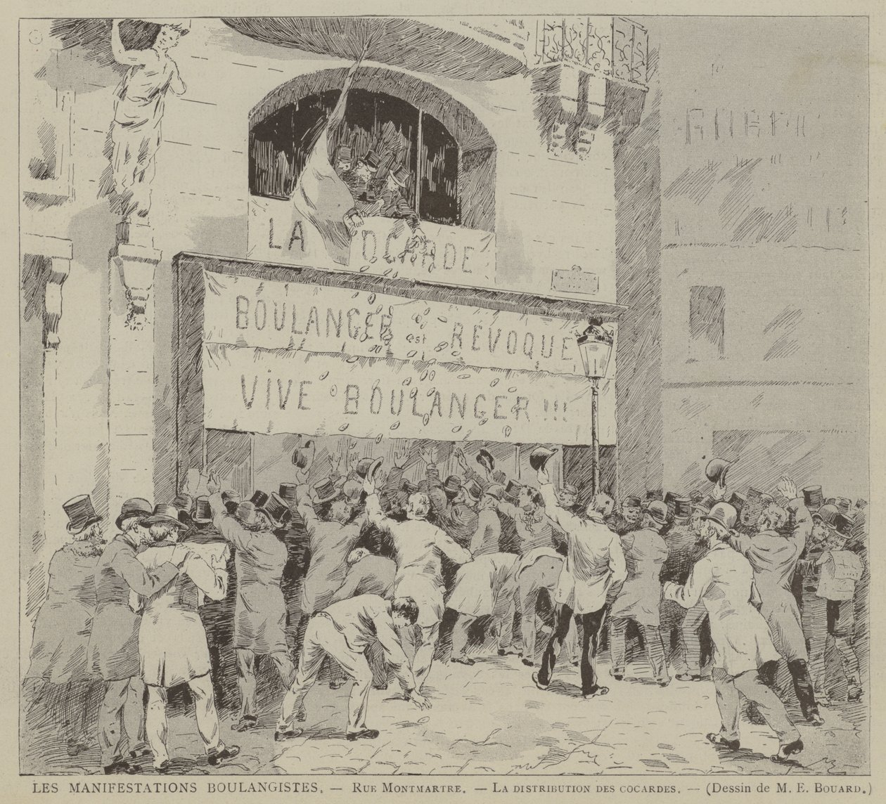 Les Manifestations Boulangistes, Rue Montmartre, La distribution des cocardes (kaiverrus) (kaiverrus) tekijältä French School