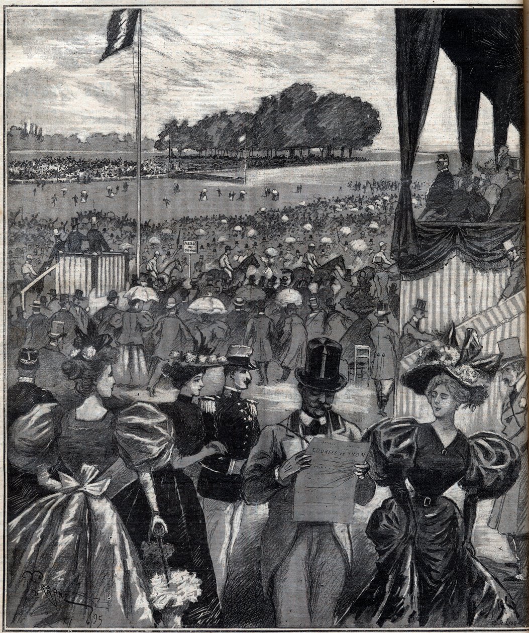 Les courses de lyon (Lyonin kilparadat) - Grand Prix -palkinnon jälkeen - kaiverrus "Le Progres illustrious"" vuonna 1895 tekijältä French School