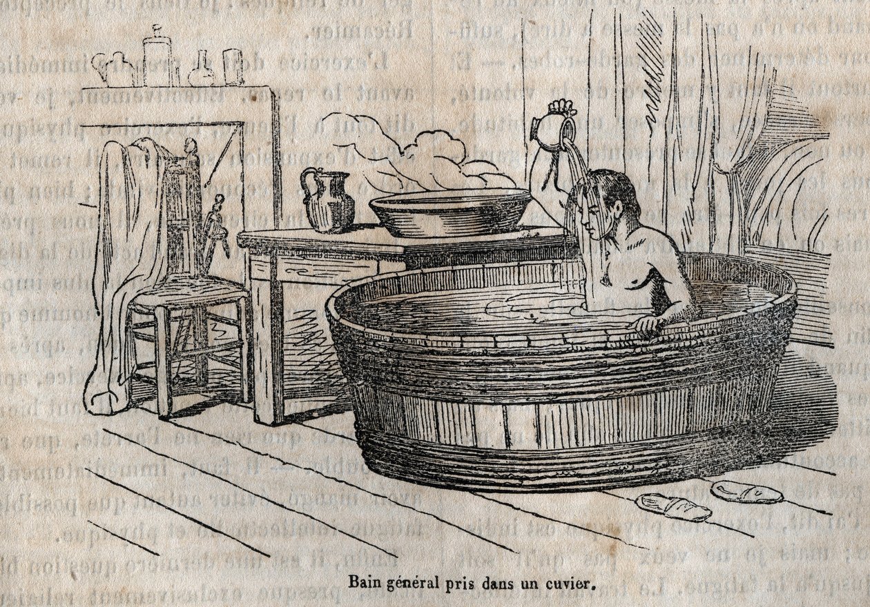 Kylpyeleet - Hygienia 1800-luvulla - kylpy kulhossa - kaiverrus "La Sante Universelle - Guide Medical des Familles" 1852 tekijältä French School