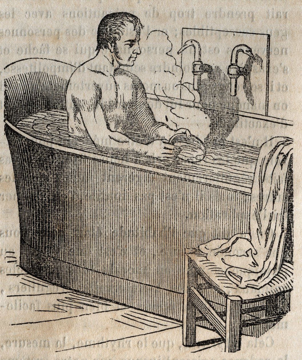 Kylpyeleet - Hygienia 1800-luvulla - mies kylpyammeessa - kaiverrus "La Sante Universelle - Guide Medical des Familles" 1852 tekijältä French School