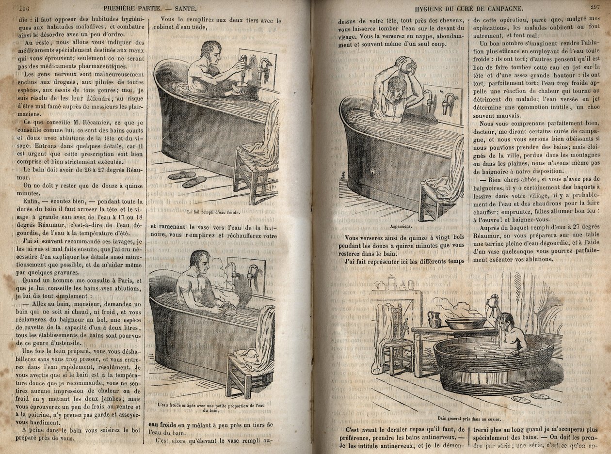 Kylpyeleet - Hygienia 1800-luvulla - mies kylpyammeessa - kaiverrus "La Sante Universelle - Guide Medical des Familles" 1852 tekijältä French School