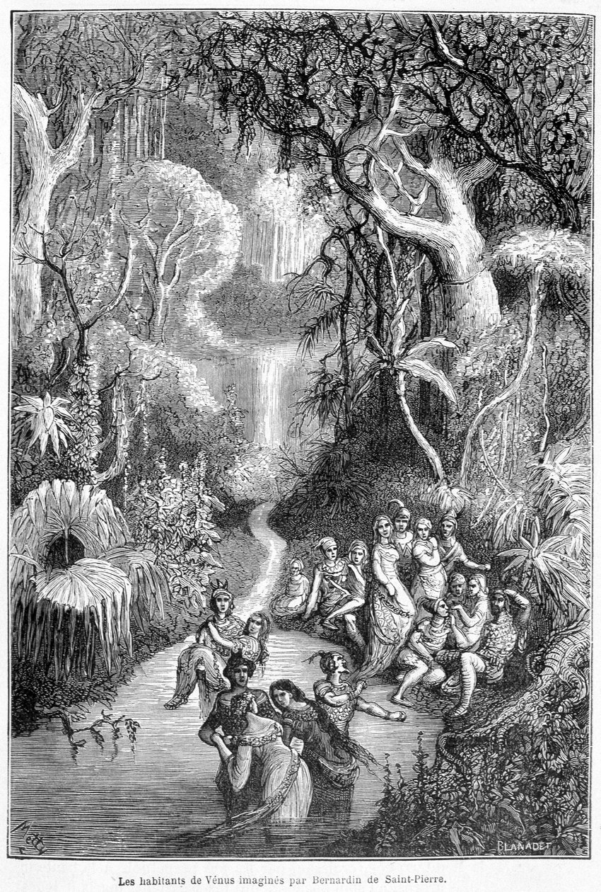 Henri Bernardin de Saint Pierren (Saint-Pierre tai St-Pierre), ranskalaisen kirjailijan (1737-1814) kuvitellut Venuksen asukkaat - Camille Flammarionin teoksessa "Taivaan maat", toim. Marpon & Flammarion, Pariisi tekijältä French School