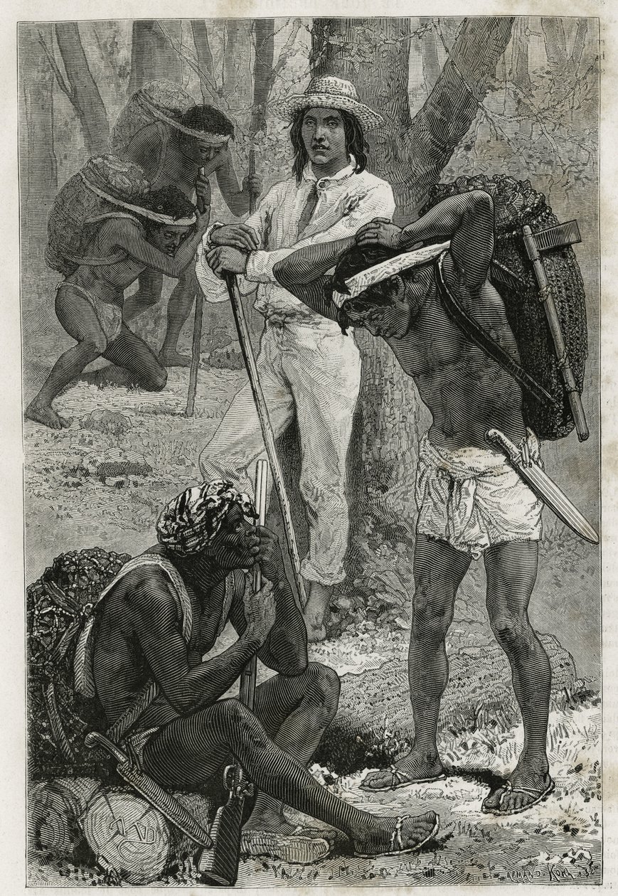 Les porters (caucheros), Darienissa (Itä-Panaman alue), kaiverrus D.Maillartin piirustuksen jälkeen havainnollistaakseen laivanluutnantin A. Reclusin tarinaa Panaman ja Darienin kannaksella vuosina 1876-1878 , julkaistu tour du mo tekijältä French School
