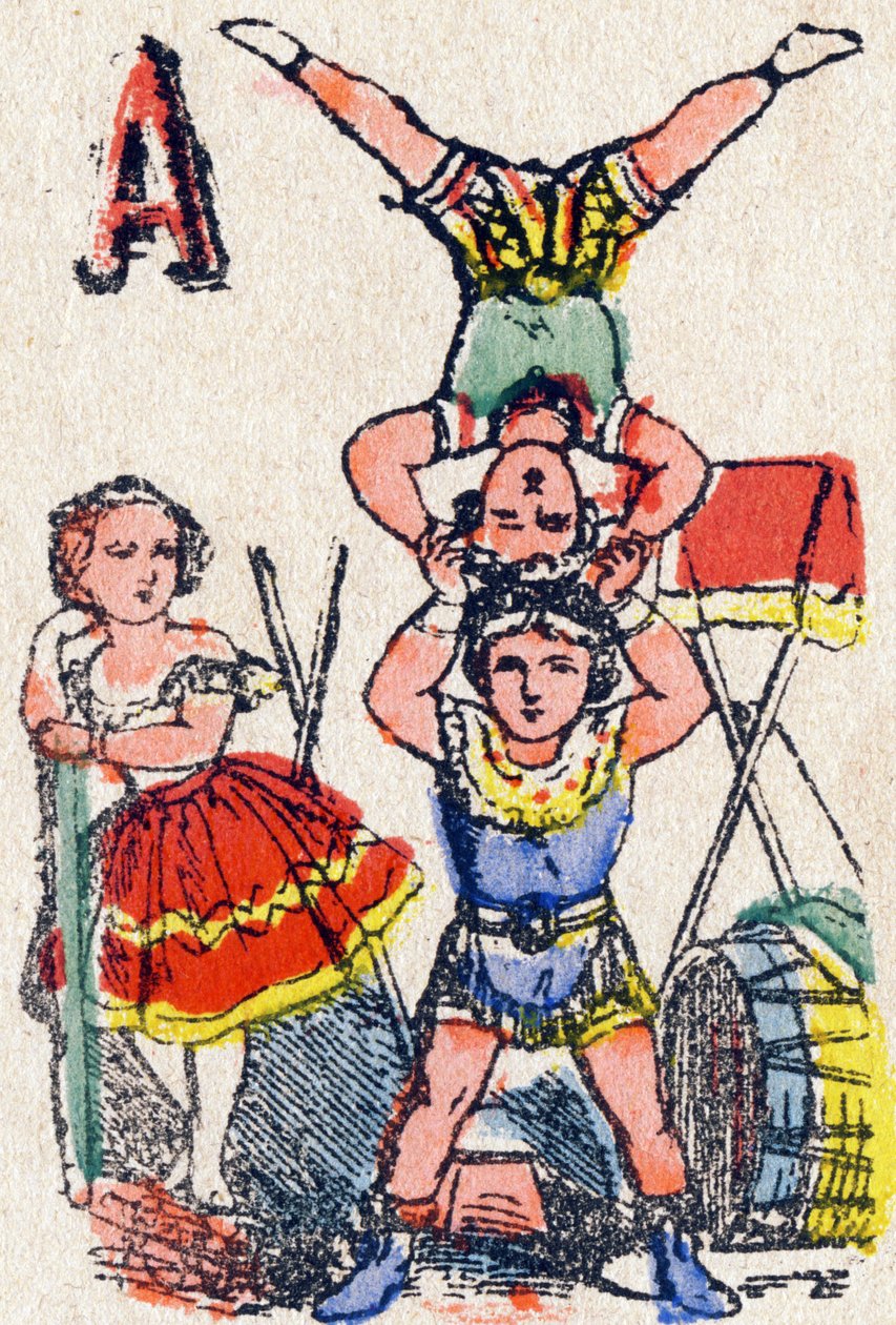 A-kirjain akrobaatit. Kaiverrus kirjaimella "Alphabet des jeux". Mr. Vagne, toimittaja, Pont-a-Mousson, 1800-luvun loppu. Pinkki sarja. 12 sivua. Albumi, joka sisältää yksinkertaistetun lukumenetelmän ja kuvitetun abeceedaryn. Mitat: 16,5 x 11 cm tekijältä French School
