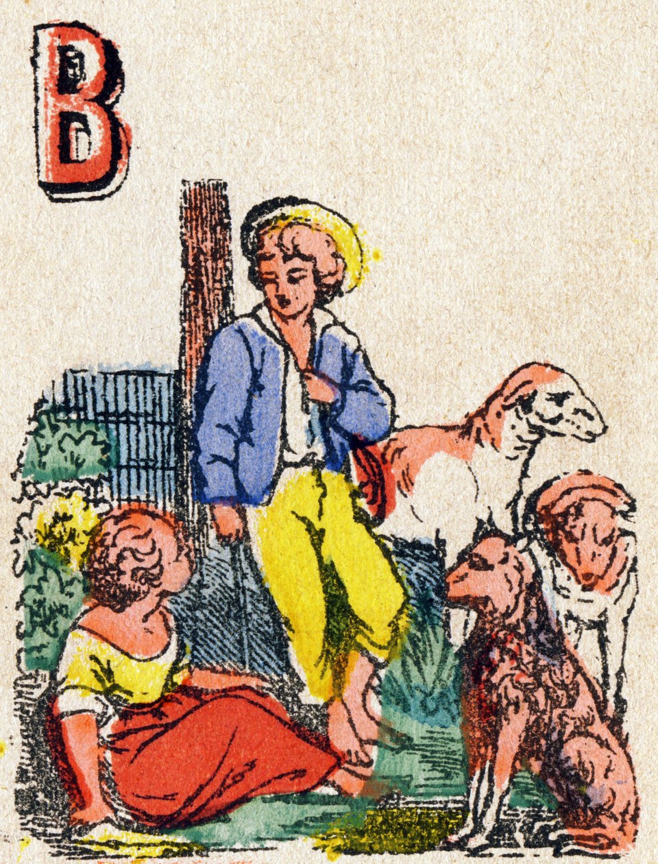 Kirjain B Paimenet. Kaiverrus kirjaimella "Alphabet des jeux". Mr. Vagne, toimittaja, Pont-a-Mousson, 1800-luvun loppu. Pinkki sarja. 12 sivua. Albumi, joka sisältää yksinkertaistetun lukumenetelmän ja kuvitetun abeceedaryn. Mitat: 16,5 x 11 cm tekijältä French School
