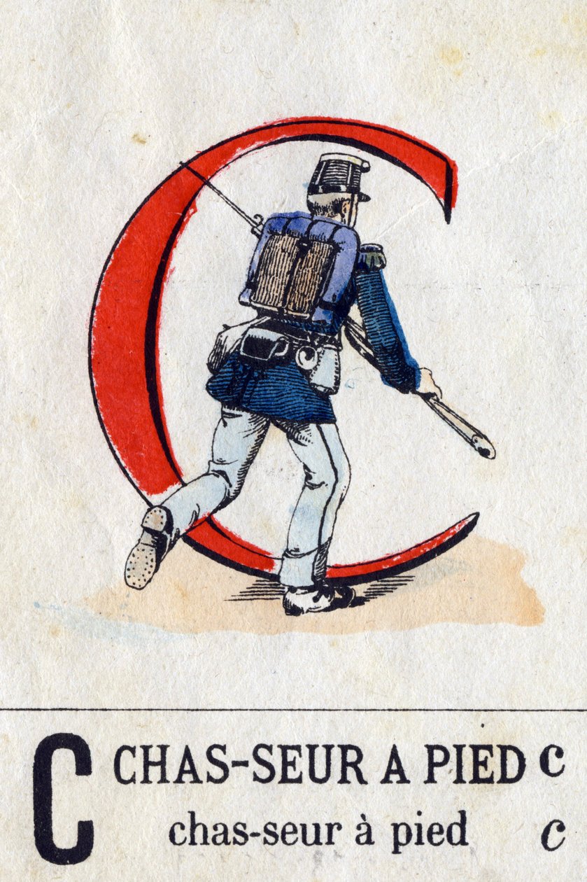 C-kirjain jalkametsästäjänä. Sotilaaaakkoset (ABC tai abecedary). Epinalin kuvantaminen, noin 1870-1880). Stensiiliväriset puupiirrokset. Yksityinen kokoelma tekijältä French School