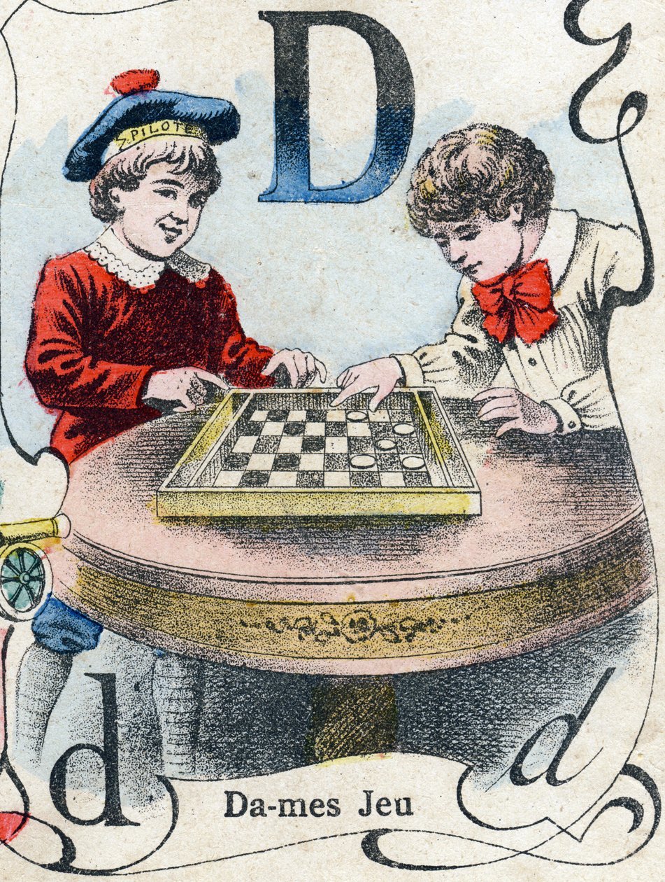 Kirjain D: Tammipeli. Kaiverrus "ABC des joux pour petits boys". Kuvaus Pont-a-Moussonista, Louis Vagne, painokustantaja, 1800-luvun loppu. Mitat: 32,5x25 cm tekijältä French School