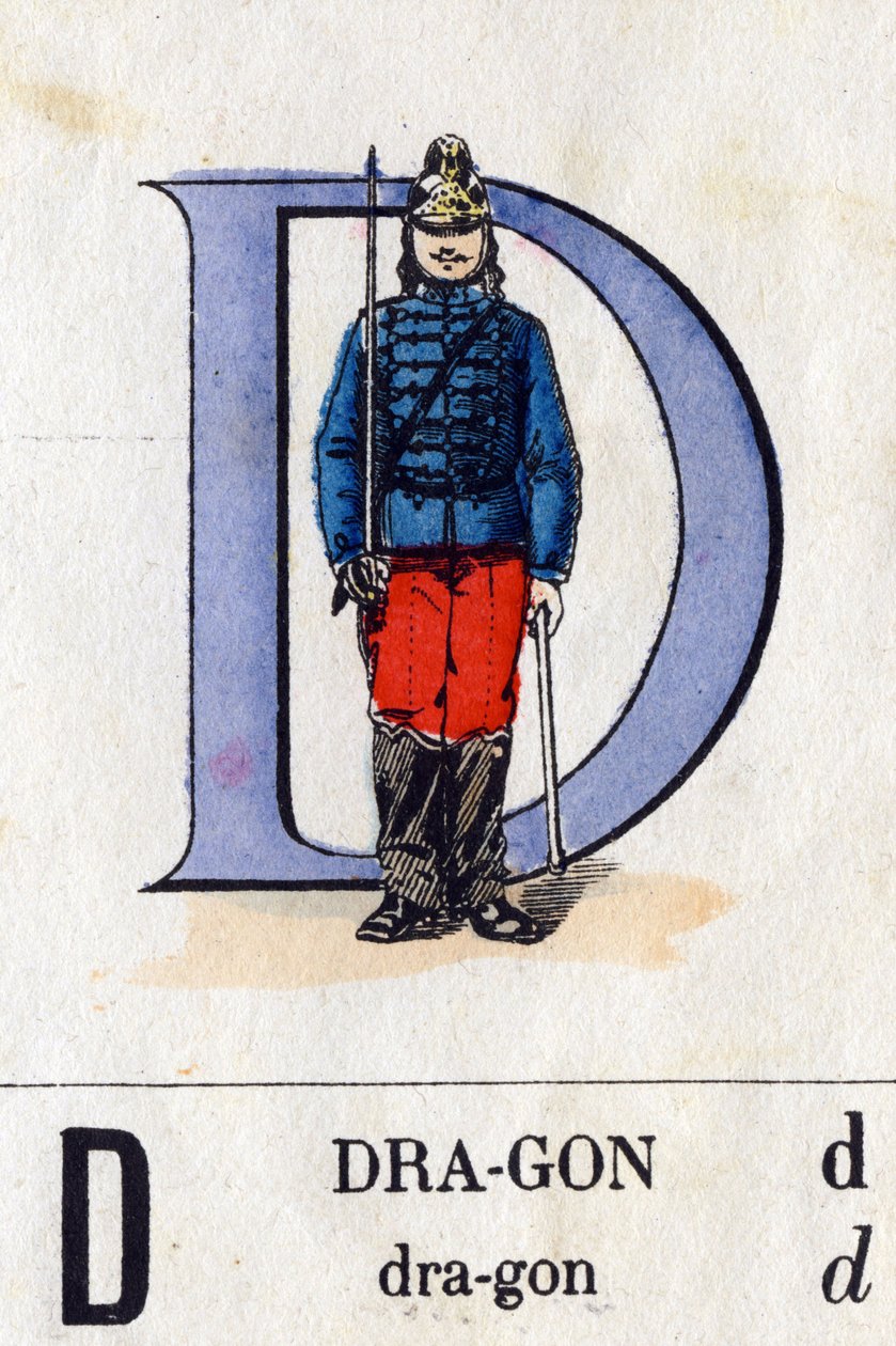 D-kirjain lohikäärmeenä. Sotilaaaakkoset (ABC tai abecedary). Epinalin kuvantaminen, noin 1870-1880). Stensiiliväriset puupiirrokset. Yksityinen kokoelma tekijältä French School