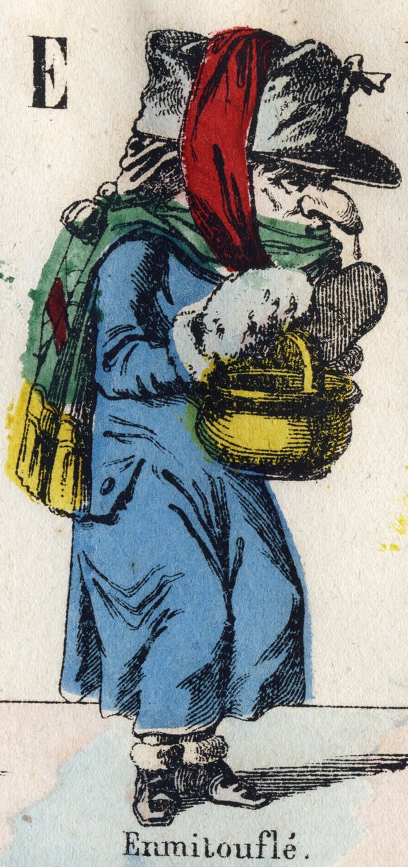 Kirjain E: Wrap (Turkisten ja kankaiden kääre pitääksesi lämpimänä). Kaiverrus "" Sarjakuvaaakkosiin"". Uusi Epinal kuvantaminen. Litografia Pinot et Sagaire, toimittajat, 1860-1888. Kilpi nro 491, jossa 25 valaistua kirjainta. Mitat: 40,5 x 28 cm. Yksityi tekijältä French School