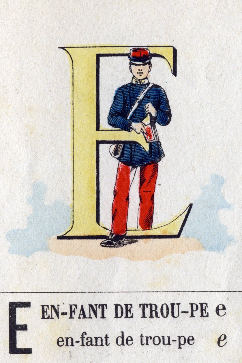 E-kirjain joukkolapsena. Sotilaallinen aakkoset. Kuvaus Epinalista, noin 1870-1880. Stensiiliväriset puupiirrokset tekijältä French School