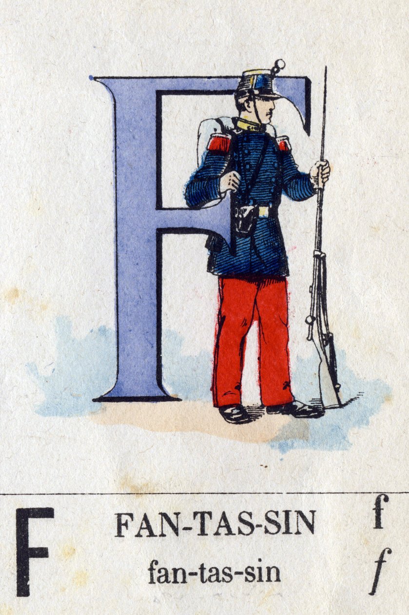 F-kirjain jalkaväkenä. Sotilaallinen aakkoset. Kuvaus Epinalista, noin 1870-1880. Stensiiliväriset puupiirrokset tekijältä French School