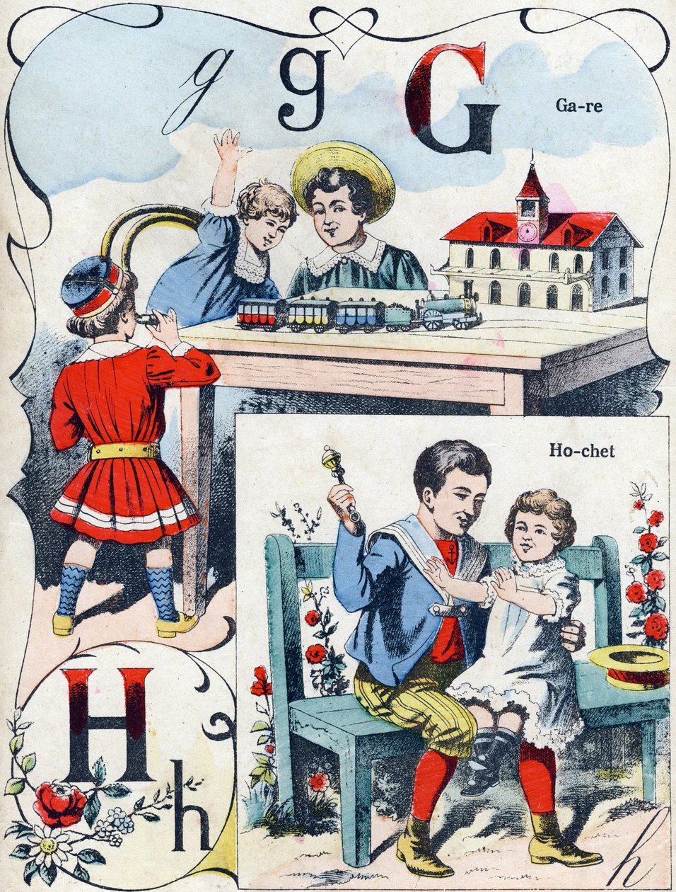 Kirjain G H: asema ja helistin. Kaiverrus "ABC des joux pour petits boys". Kuvaus Pont-a-Moussonista, Louis Vagne, painokustantaja, 1800-luvun loppu. Mitat: 32,5x25 cm tekijältä French School