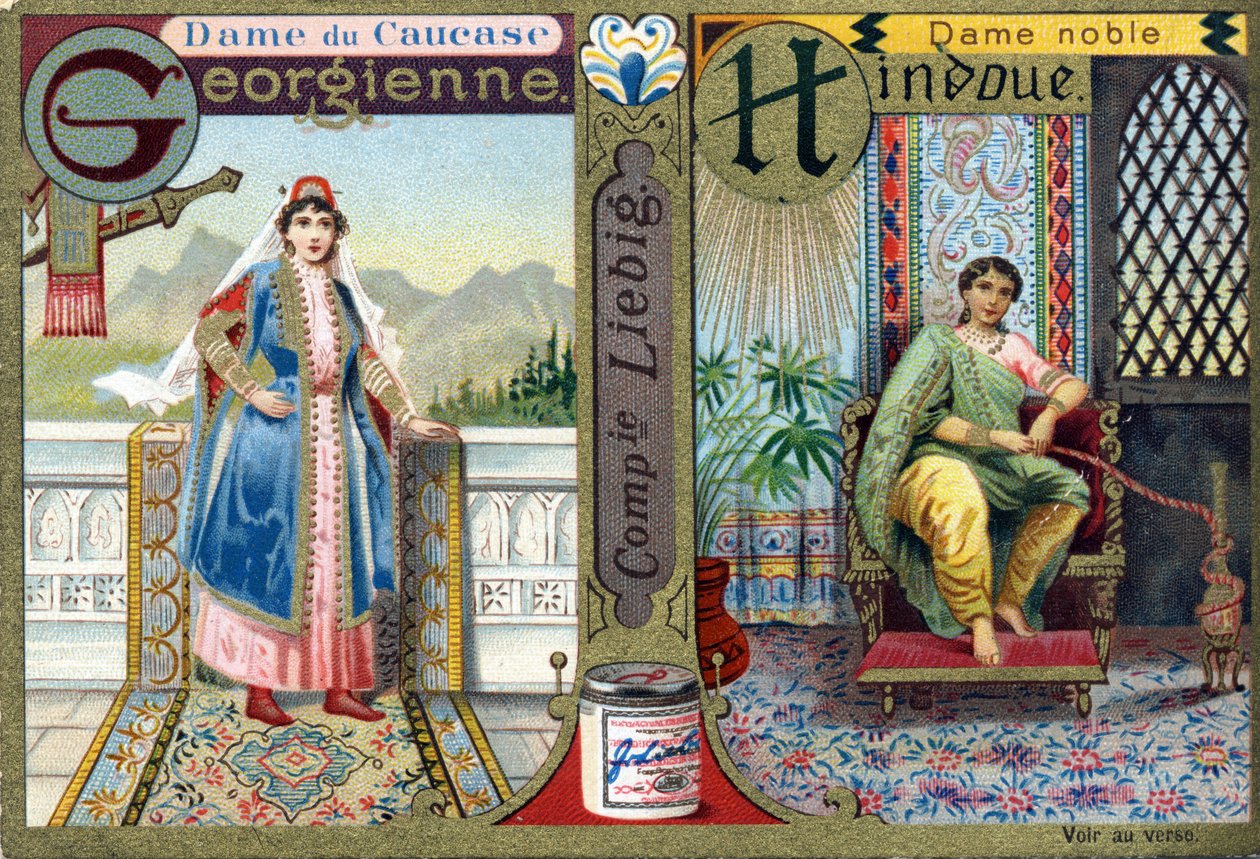 Kirjain G Georgian Kaukasus Lady ja H Hindu Noble Lady. Naisten aakkoset. 12 kuvan sarja. Lievää mainontaa tekijältä French School