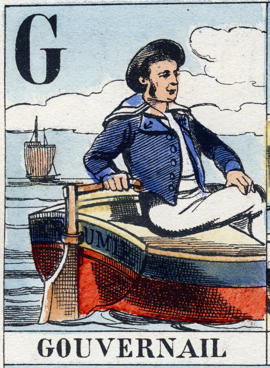 G-kirjain peräsimenä. Laivaston aakkoset. Epinaalinen kuva, 1800-luvun loppu. Stensiilinvärinen puukaiverrus tekijältä French School