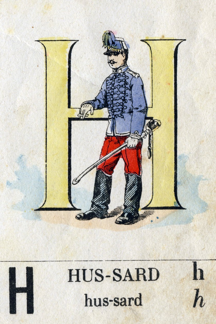 H-kirjain hussarina. Sotilaallinen aakkoset. Kuvaus Epinalista, noin 1870-1880. Stensiiliväriset puupiirrokset tekijältä French School