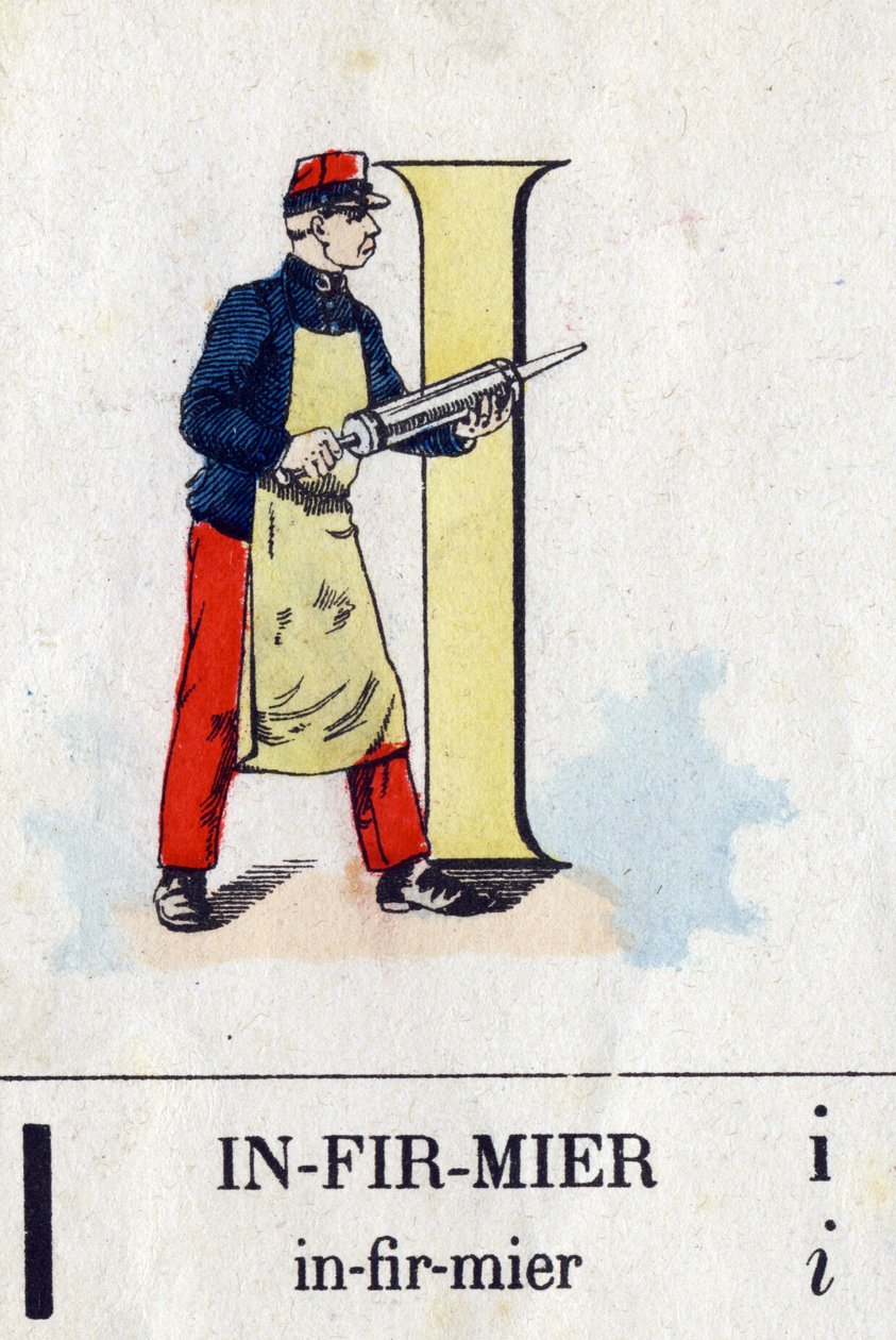 Kirje I sairaanhoitajana. Sotilaallinen aakkoset. Kuvaus Epinalista, noin 1870-1880. Stensiiliväriset puupiirrokset tekijältä French School