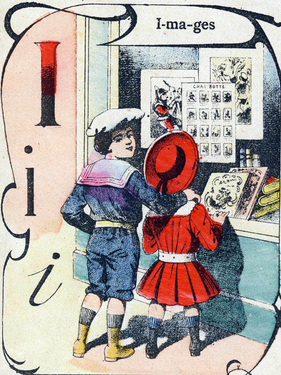 Kirjain I: kuvat. Kaiverrus "ABC des joux pour petits boys". Kuvaus Pont-a-Moussonista, Louis Vagne, painokustantaja, 1800-luvun loppu. Mitat: 32,5x25 cm tekijältä French School