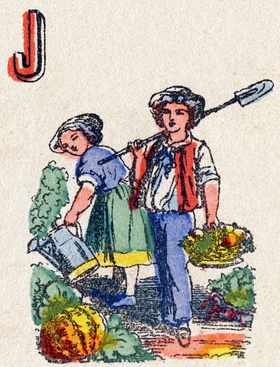 J-kirjain Puutarhurit. Kaiverrus kirjaimella "Alphabet des jeux". Mr. Vagne, toimittaja, Pont-a-Mousson, 1800-luvun loppu. Pinkki sarja. 12 sivua. Albumi, joka sisältää yksinkertaistetun lukumenetelmän ja kuvitetun abeceedaryn. Mitat: 16,5 x 11 cm tekijältä French School
