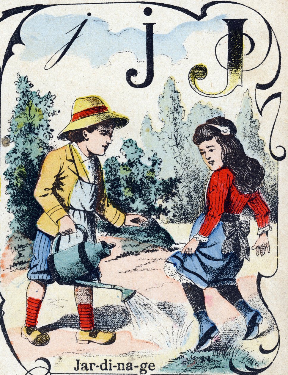 J-kirjain: Puutarhanhoito. Kaiverrus "ABC des joux pour petits boys". Kuvaus Pont-a-Moussonista, Louis Vagne, painokustantaja, 1800-luvun loppu. Mitat: 32,5x25 cm tekijältä French School