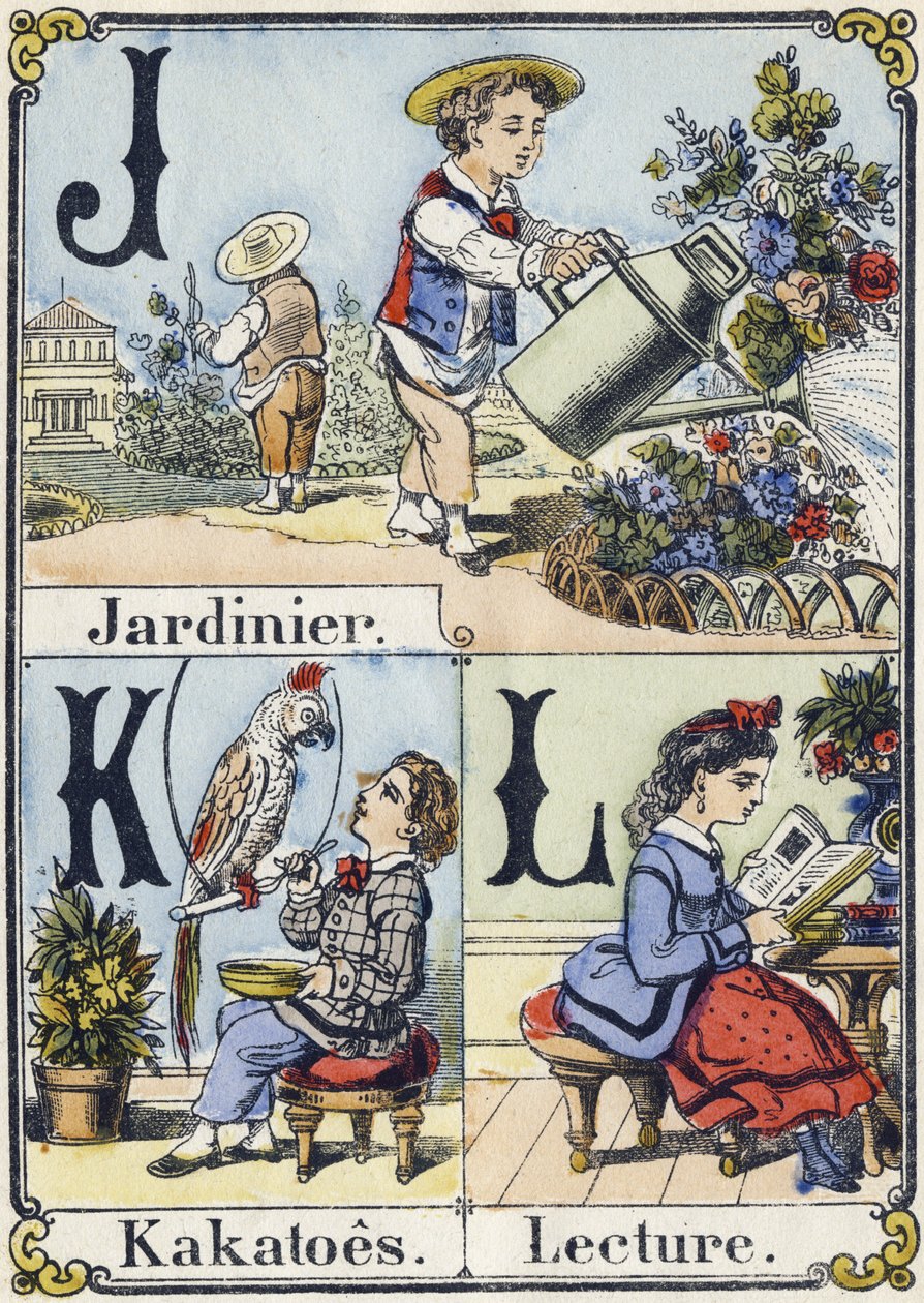 Kirjain J, K ja L: puutarhuri, kakatot ja lukeminen. Luova aakkoset. Epinaalinen kuvantaminen. Stenciloidut puukaiverrukset, n. 1880. Pieni 16-sivuinen vihko tekijältä French School